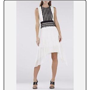 BCBGMaxAzria "Adelyn" Off White Sleeveless Pleated Skirt Lace Trim Dress, Size 4